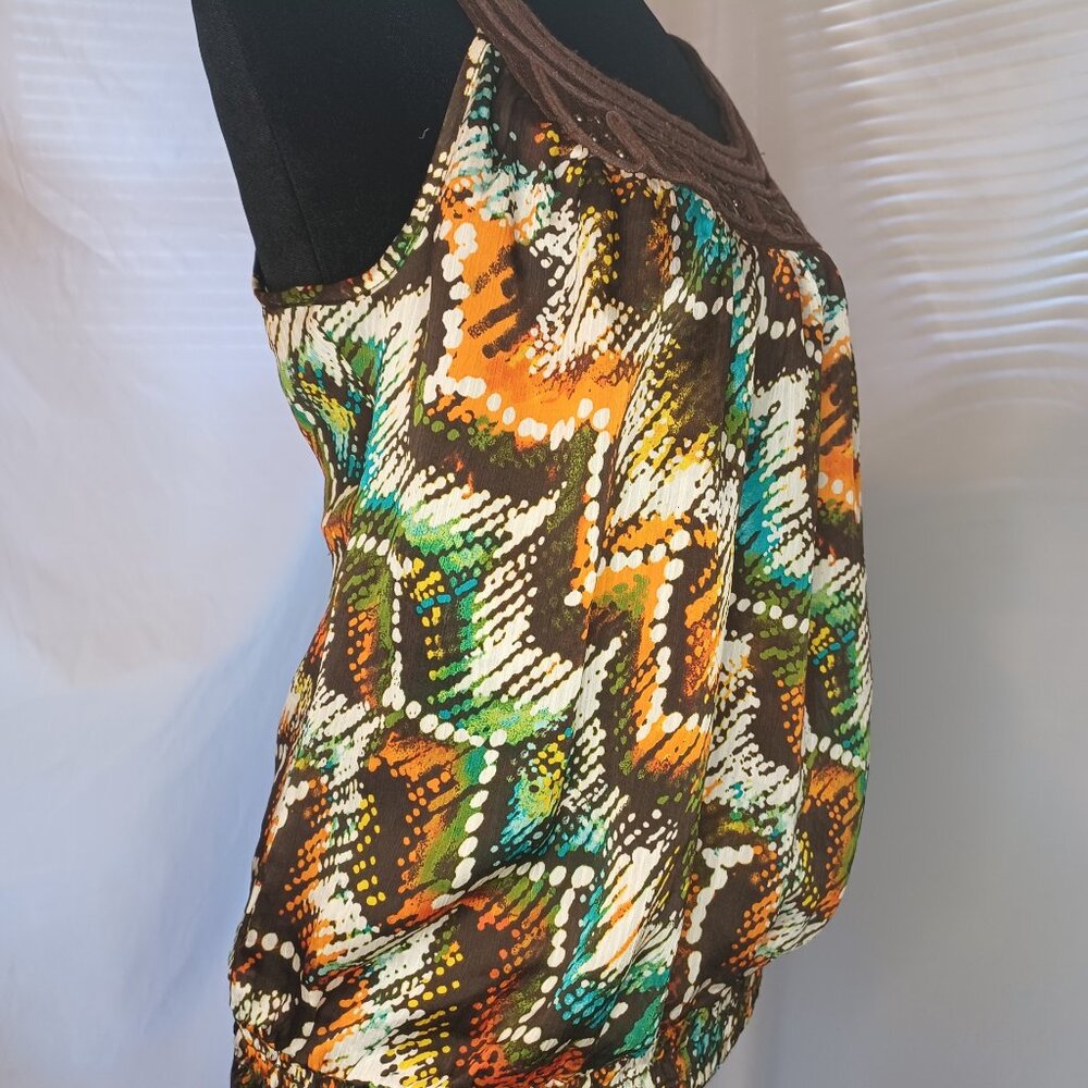 Y2K Heart Soul Multicolor Geometric Print Beaded Trim Top - Picture 2 of 7